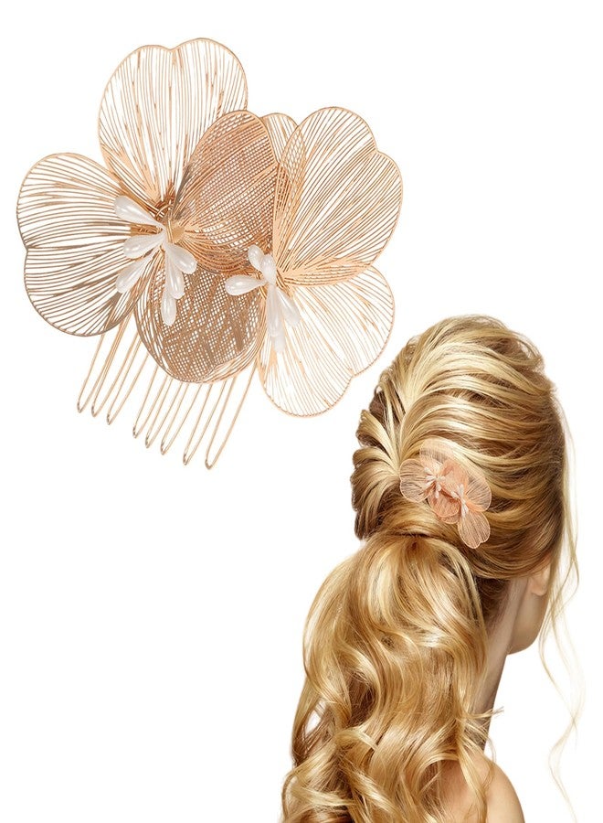 VANTOBEST Gold Flower Metal Hair Side Combs Decorative Petal Shape Wedding Hair Pieces for Bride Prom Party Women - Image 1